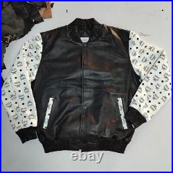 $2399 MCM Leather Jacket Black &White Custom Piece Bomber Genuine Leather Jacket