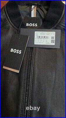 $645 BOSS Leather Bomber Jacket w Ribbed Trims Lamb Leather Black Size 38R