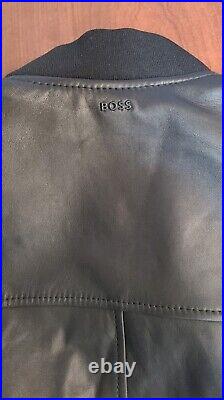 $645 BOSS Leather Bomber Jacket w Ribbed Trims Lamb Leather Black Size 38R
