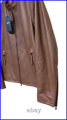 $795 HUGO BOSS GEMOS Nappa Leather Bomber Jacket w Logo in Brown Size 40R