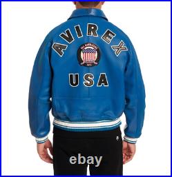 AVIREX Men's Bomber Jacket American Flight Royal Blue Lamb Real Leather Jacket