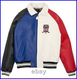 AVIREX Mens Bomber Jacket American Flight Basket Ball BLOCK COLOR Leather Jacket