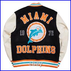 Andrew x Miami Dolphins Throwback Varsity Jacket Leather Sleeves Bomber Jacket