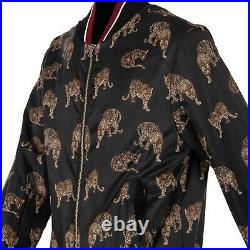 DOLCE & GABBANA Leopards Print Bomber Jacket Knit Pockets Logo Black Brown 11234