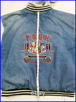 HOT VTG 90's Men's DISNEY POOH EMBROIDERED VARSITY HOODED BOMBER JACKET Jeans XL