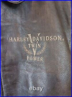 Harley Davidson Vintage Brown Leather V-Twin Power Logo Bomber Jacket Size Small