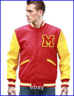 MJ Varsity M Logo Red Letterman Wool Bomber Jacket With Genuine Leather Sleeves