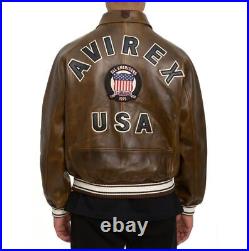 Men's 100% lamb leather Avirex Brown Real Bomber American Flight Jacket