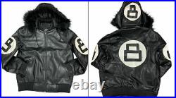 Men's 8 Ball Logo Varsity Black Genuine Real Leather Bomber Letterman Jacket New
