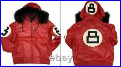 Men's 8 Ball Logo Varsity Red Genuine Real Leather Bomber Letterman Jacket