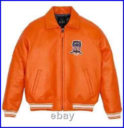 Men's Avirex Orange Real Bomber American Flight Jacket Leather Jacket