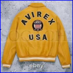 Men's Avirex YELLOW Real Bomber American Flight Jacket Leather Jacket