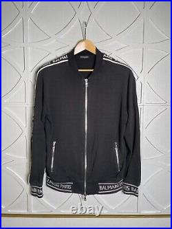 Men's Balmain Bomber Athletic Zip Jacket Logo Arm Stripe Black Size Medium