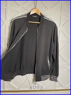 Men's Balmain Bomber Athletic Zip Jacket Logo Arm Stripe Black Size Medium