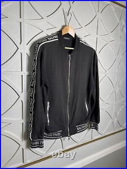 Men's Balmain Bomber Athletic Zip Jacket Logo Arm Stripe Black Size Medium