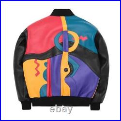 Men's Bomber Picasso Plush Genuine Leather Bomber Jacket Multi Color