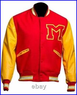 Men's MJ Thriller Michael Jackson Red M Logo Varsity Letterman Bomber Jacket