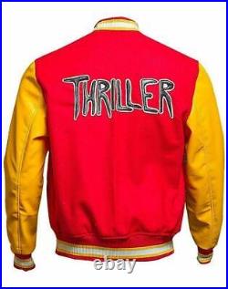 Men's MJ Thriller Michael Jackson Red M Logo Varsity Letterman Bomber Jacket