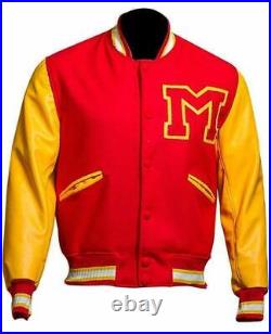 Men's MJ Thriller Michael Jackson Red M Logo Varsity Letterman Bomber Jacket