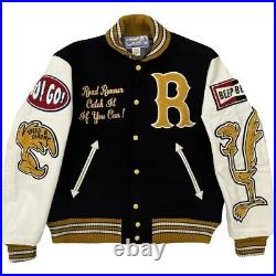 Men's Wool Varsity Embroidery Patches Road Runner Animation Bomber Jacket