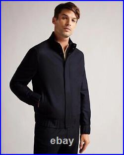 NWT Ted Baker Gallan Wool Flannel Full Zip Bomber Jacket in Navy size 3 US 38/M