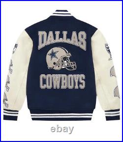 OVO x NFL Dallas Cowboys Blue Varsity Jacket Leather Sleeves Bomber Style Jacket