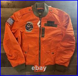 POLO RALPH LAUREN Men's ORANGE Nylon Air SQDRN 67 Bomber Jacket Patches Large