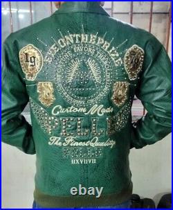 Pelle Pelle Mens Eye On The Prize Custome Made Green Leather Jacket