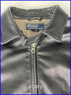 Polo Ralph Lauren Leather Bomber Jacket Coat Black Herringbone Lining Size Large