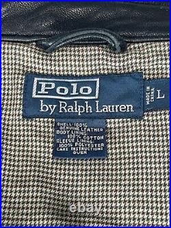 Polo Ralph Lauren Leather Bomber Jacket Coat Black Herringbone Lining Size Large