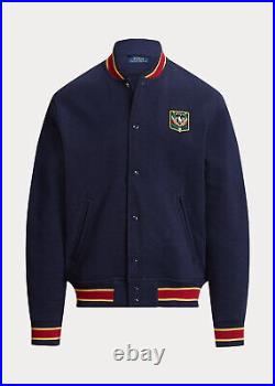 Polo Ralph Lauren mens Blue Uni Crest Fleece Snap Fleece Bomber Baseball Varsity