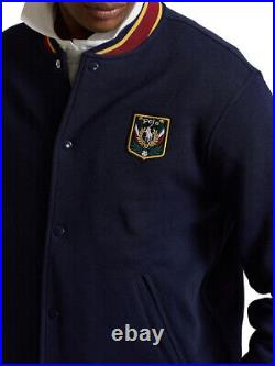 Polo Ralph Lauren mens Blue Uni Crest Fleece Snap Fleece Bomber Baseball Varsity