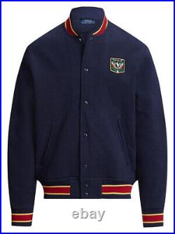 Polo Ralph Lauren mens Blue Uni Crest Fleece Snap Fleece Bomber Baseball Varsity