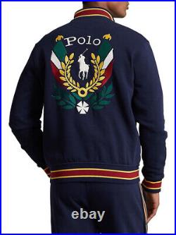 Polo Ralph Lauren mens Blue Uni Crest Fleece Snap Fleece Bomber Baseball Varsity