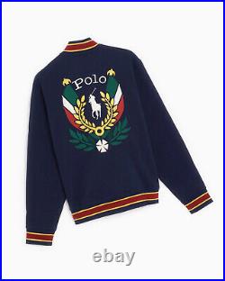 Polo Ralph Lauren mens Blue Uni Crest Fleece Snap Fleece Bomber Baseball Varsity