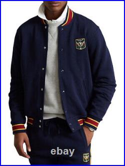 Polo Ralph Lauren mens Blue Uni Crest Fleece Snap Fleece Bomber Baseball Varsity