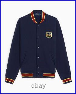 Polo Ralph Lauren mens Blue Uni Crest Fleece Snap Fleece Bomber Baseball Varsity