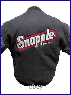 Snapple Beverages Black Wool & Leather Bomber Jacket Embroidered Logo Size L
