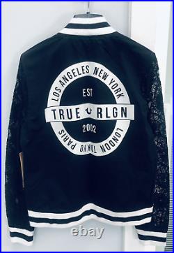 TRUE RELIGION Discontinued Lace Sleeve Black Bomber Jacket World Tour Varsity S