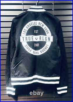 TRUE RELIGION Discontinued Lace Sleeve Black Bomber Jacket World Tour Varsity S