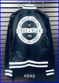 TRUE RELIGION Discontinued Lace Sleeve Black Bomber Jacket World Tour Varsity S