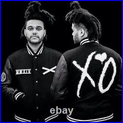 The Weeknd Roots XO Varsity Jacket Bomber Black Wool Jacket with Leather Sleeves