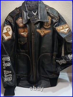 U. S. AIR FORCE TOP GUN NAVY bomber Flight jacket with 1999 A. F. Logo Design Sz L