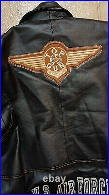 U. S. AIR FORCE TOP GUN NAVY bomber Flight jacket with 1999 A. F. Logo Design Sz L