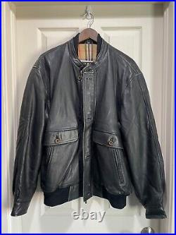 Vintage Burberry's Nova Check Black Leather Bomber Jacket Made in England