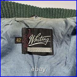 Vintage P Logo Letterman Varsity Bomber Jacket Mens 42 Large Wool Leather Green