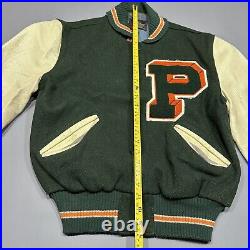 Vintage P Logo Letterman Varsity Bomber Jacket Mens 42 Large Wool Leather Green